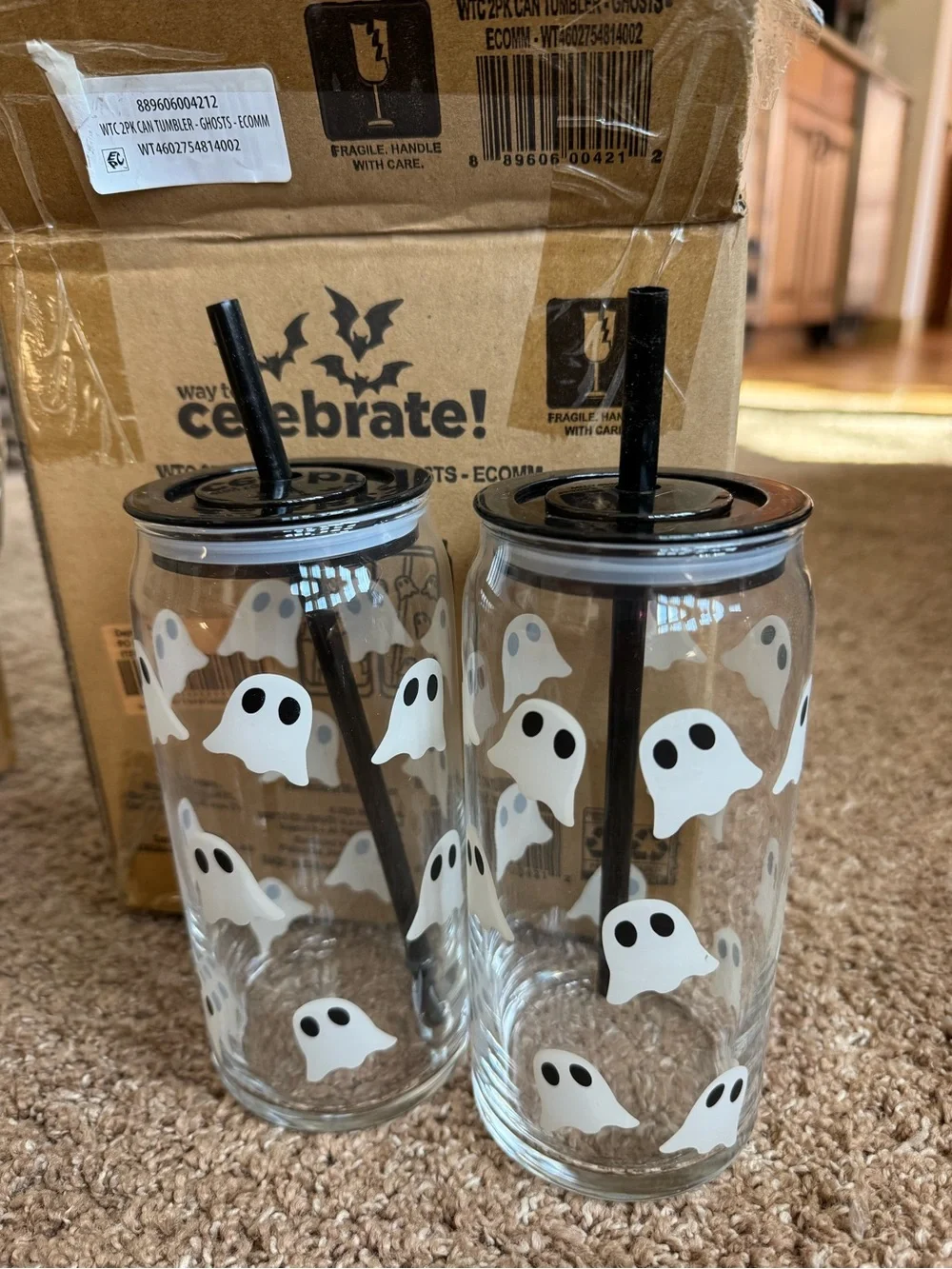 Halloween Ghost Glass Tumbler with Black Lid and Straw - Set of 12